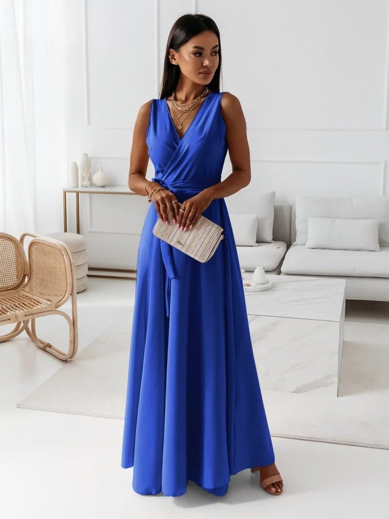 V - neck Sleeveless Dress With Belt Summer Fashion Party Club Evening Maxi Dresses For Women Clothing - Goddess Vibes
