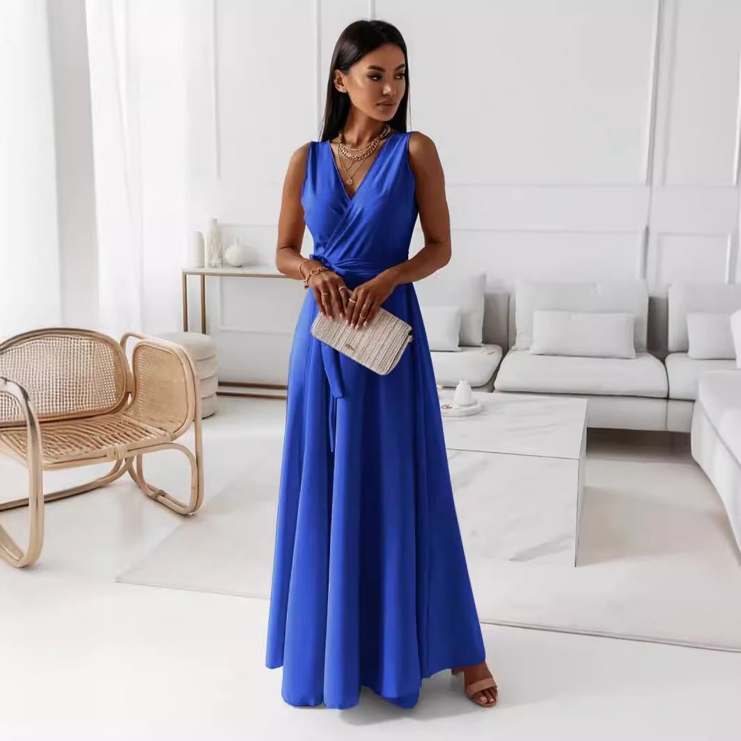 V - neck Sleeveless Dress With Belt Summer Fashion Party Club Evening Maxi Dresses For Women Clothing - Goddess Vibes