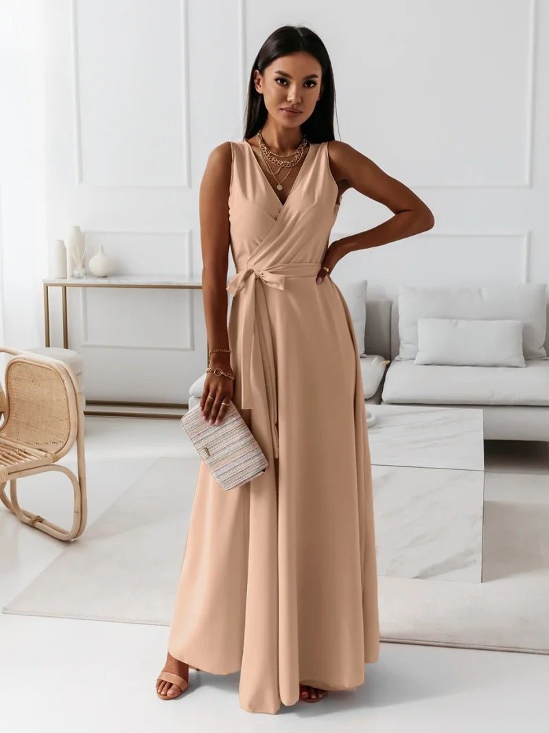 V - neck Sleeveless Dress With Belt Summer Fashion Party Club Evening Maxi Dresses For Women Clothing - Goddess Vibes