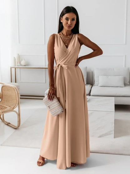 V - neck Sleeveless Dress With Belt Summer Fashion Party Club Evening Maxi Dresses For Women Clothing - Goddess Vibes