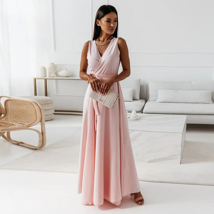 V - neck Sleeveless Dress With Belt Summer Fashion Party Club Evening Maxi Dresses For Women Clothing - Goddess Vibes