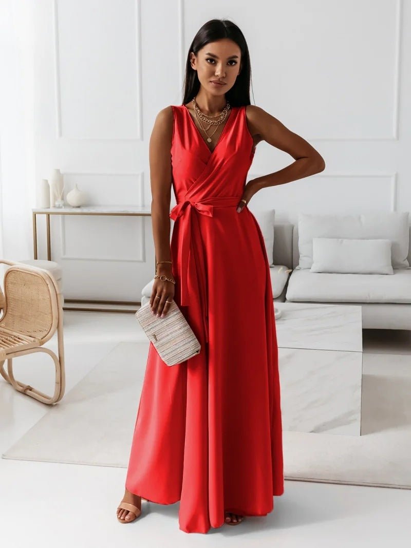V - neck Sleeveless Dress With Belt Summer Fashion Party Club Evening Maxi Dresses For Women Clothing - Goddess Vibes