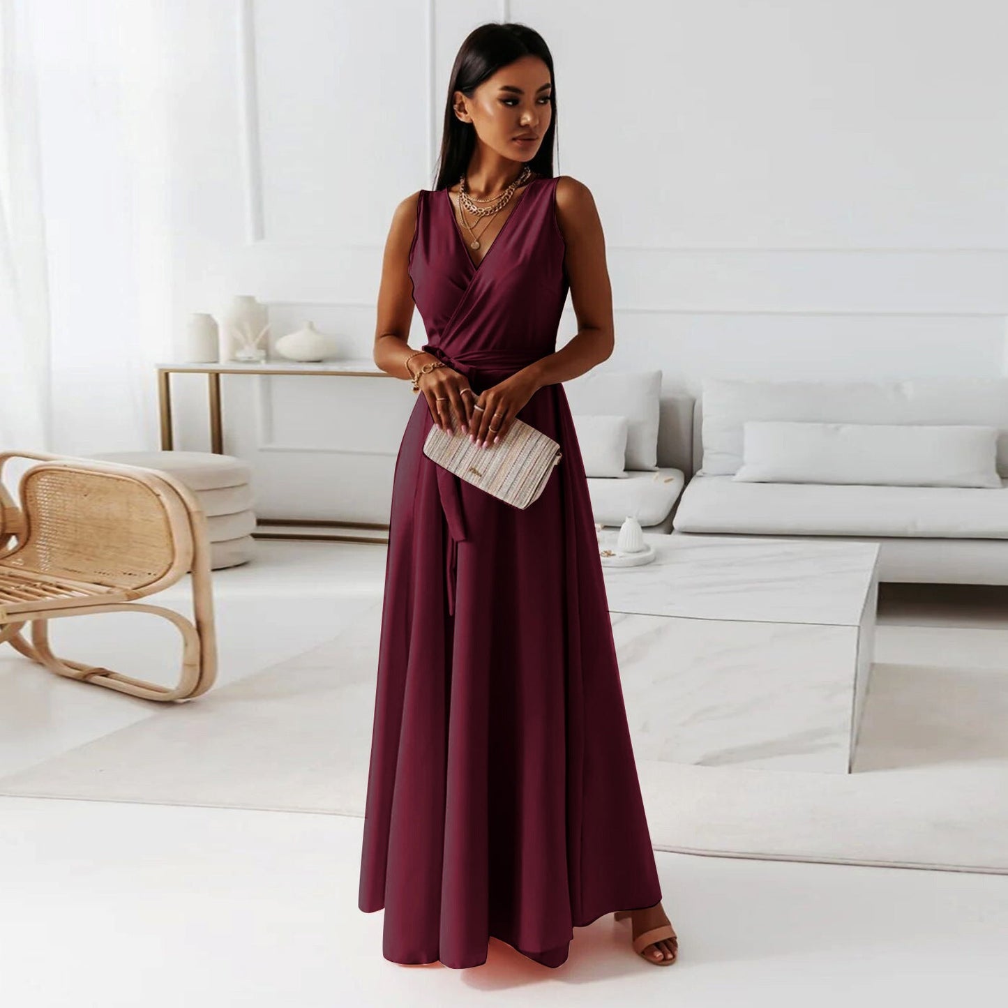 V - neck Sleeveless Dress With Belt Summer Fashion Party Club Evening Maxi Dresses For Women Clothing - Goddess Vibes