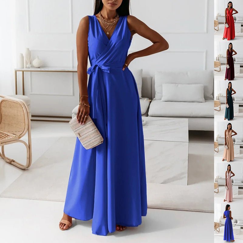 V - neck Sleeveless Dress With Belt Summer Fashion Party Club Evening Maxi Dresses For Women Clothing - Goddess Vibes