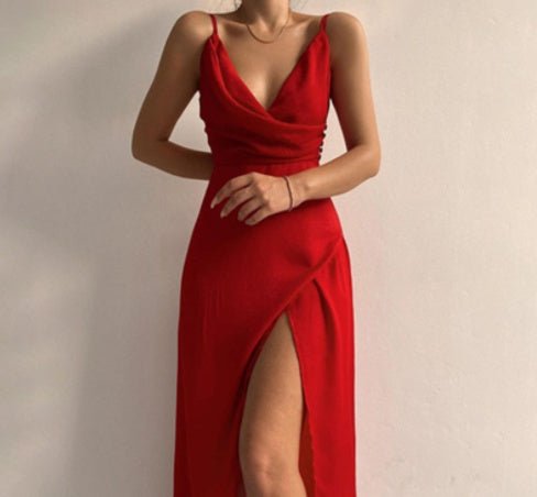 V - neck Slit Sling Dress Summer Fashion Sexy Slim Suspender Dresses For Women Clothing - Goddess Vibes