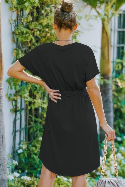 V Neck Waist Tie Solid A Line Dress - Goddess Vibes