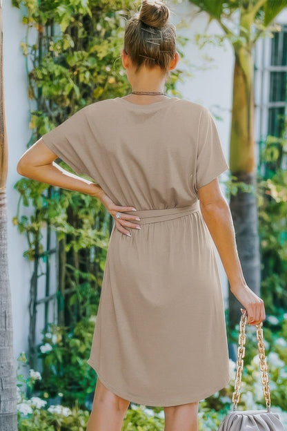 V Neck Waist Tie Solid A Line Dress - Goddess Vibes