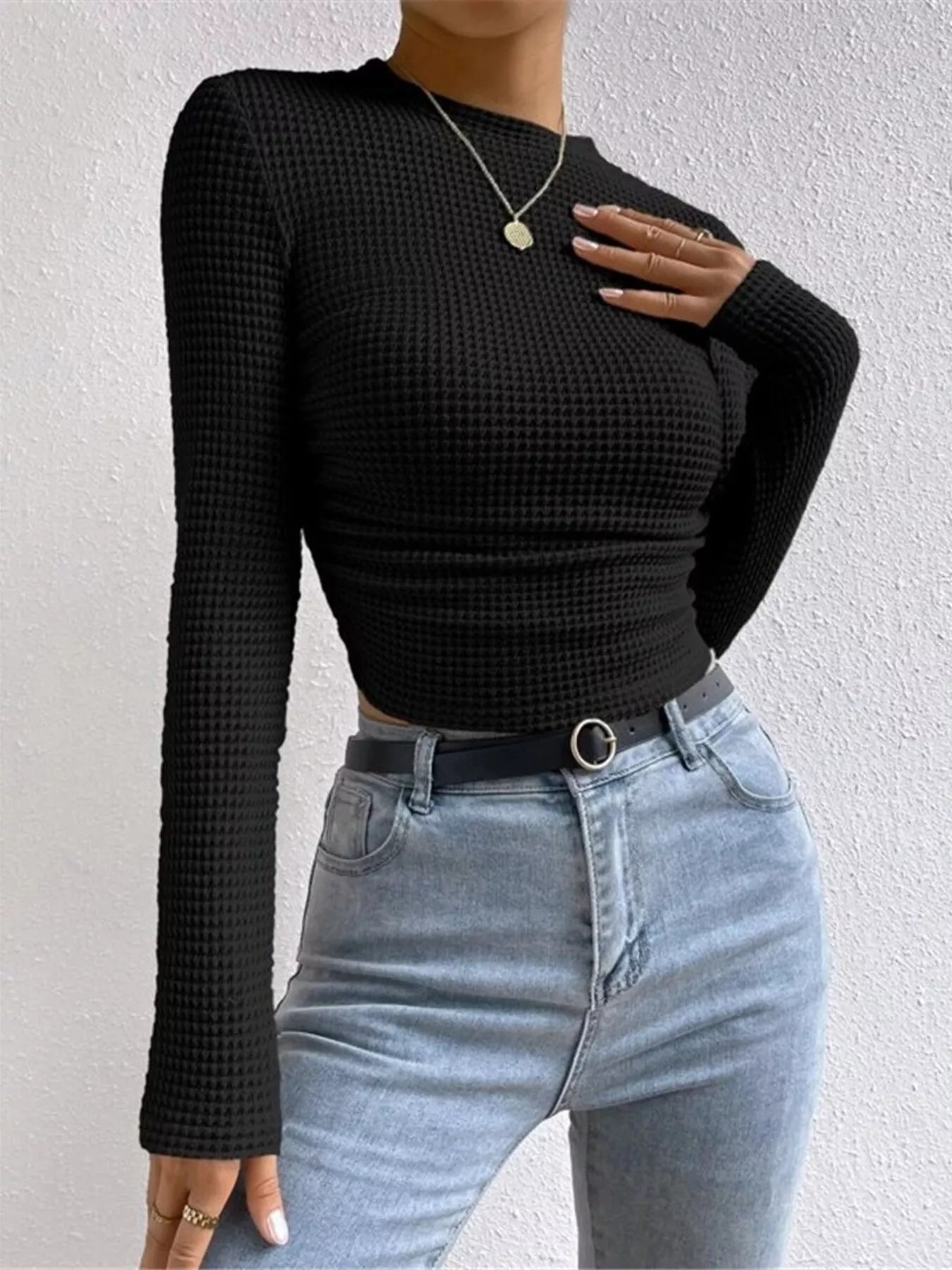 Waffle Knit Long Sleeve T-Shirt - Goddess Vibes