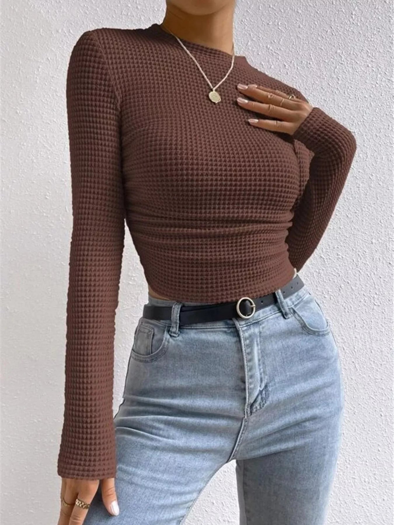 Waffle Knit Long Sleeve T-Shirt - Goddess Vibes