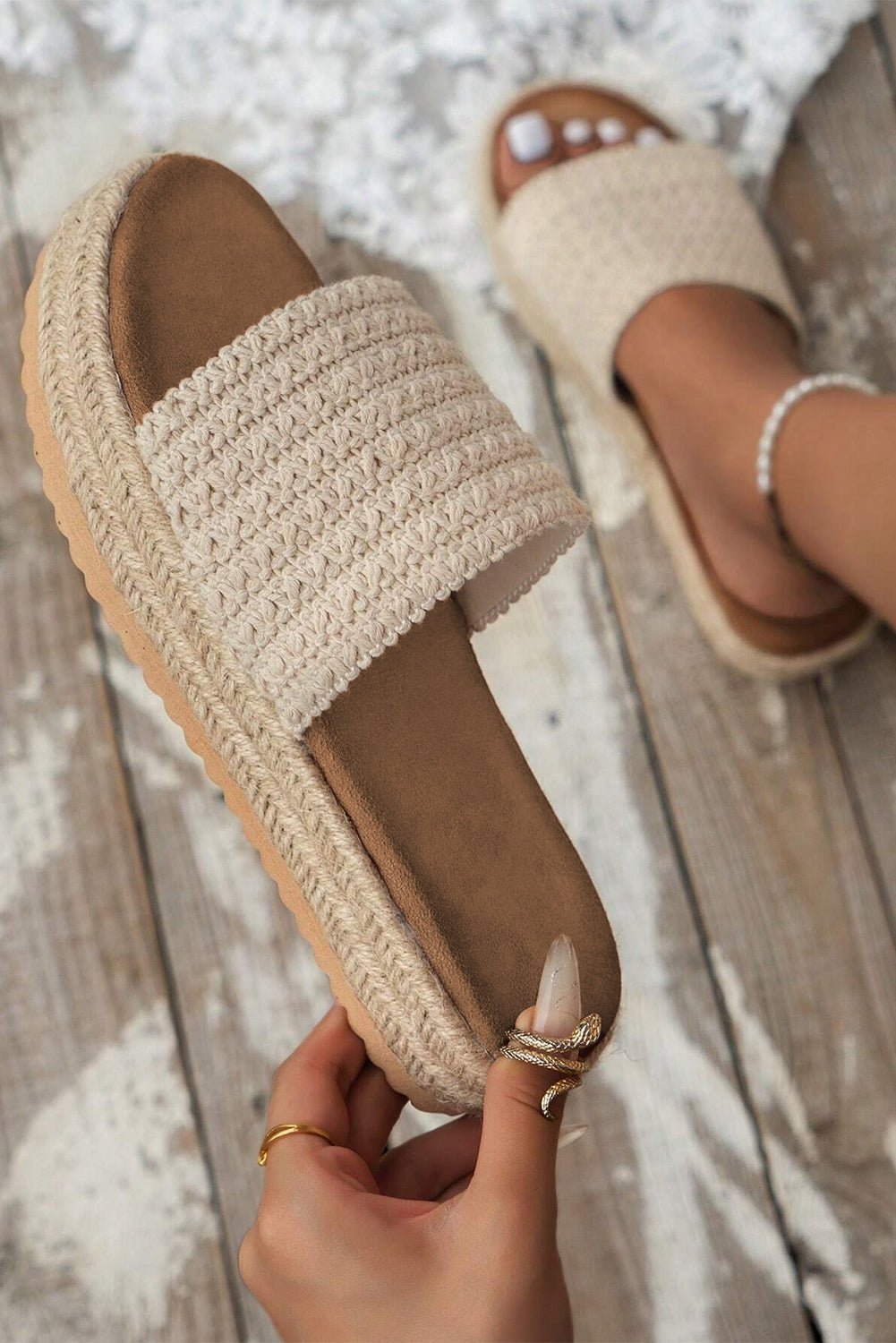 White Boho Woven Non - slip Wedge Slippers - Goddess Vibes