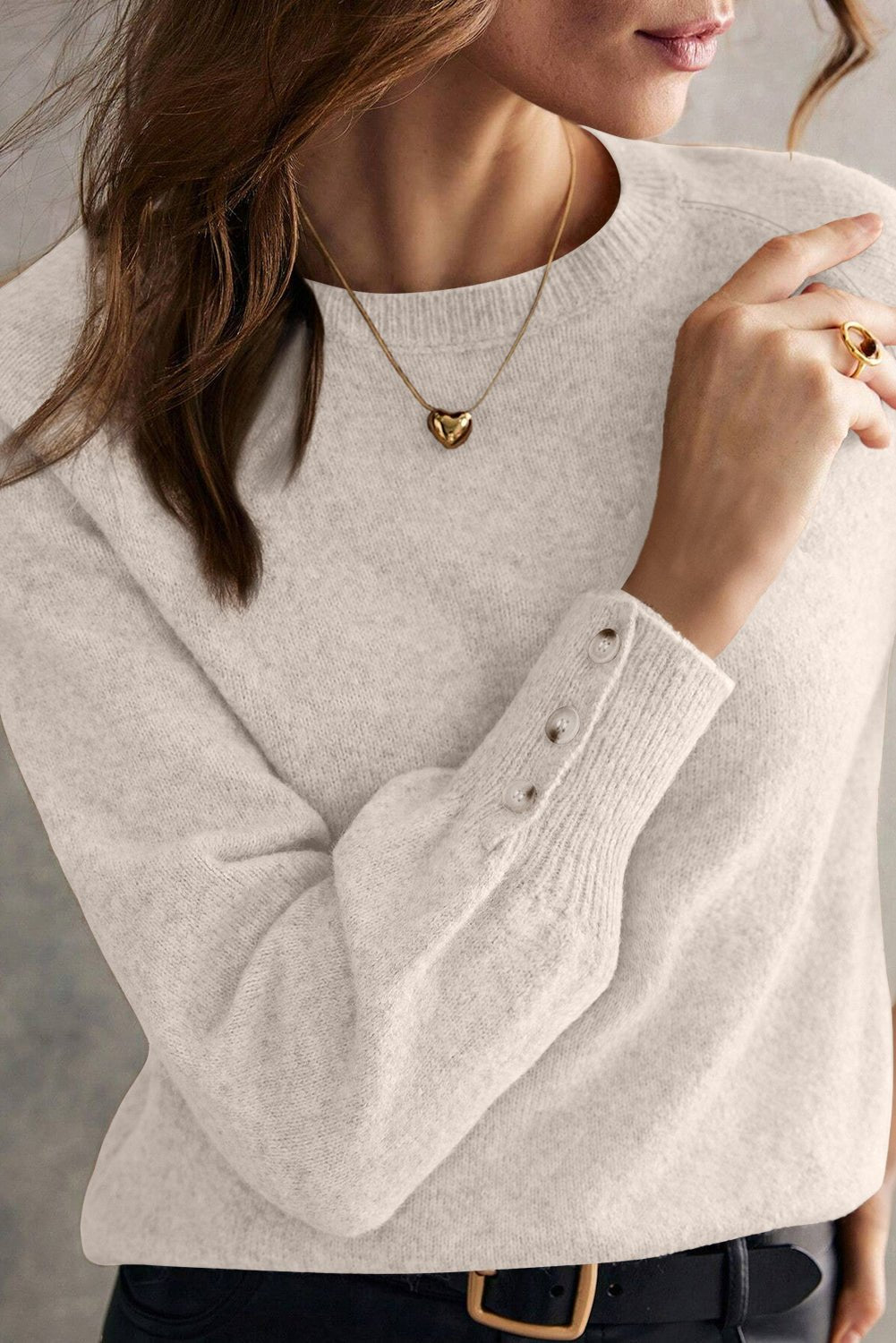 White Buttoned Bishop Sleeve Crew Neck Sweater - Goddess Vibes