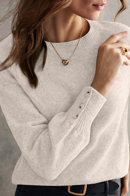 White Buttoned Bishop Sleeve Crew Neck Sweater - Goddess Vibes
