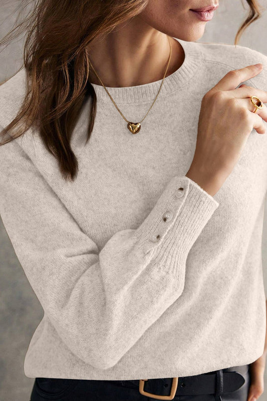 White Buttoned Bishop Sleeve Crew Neck Sweater - Goddess Vibes