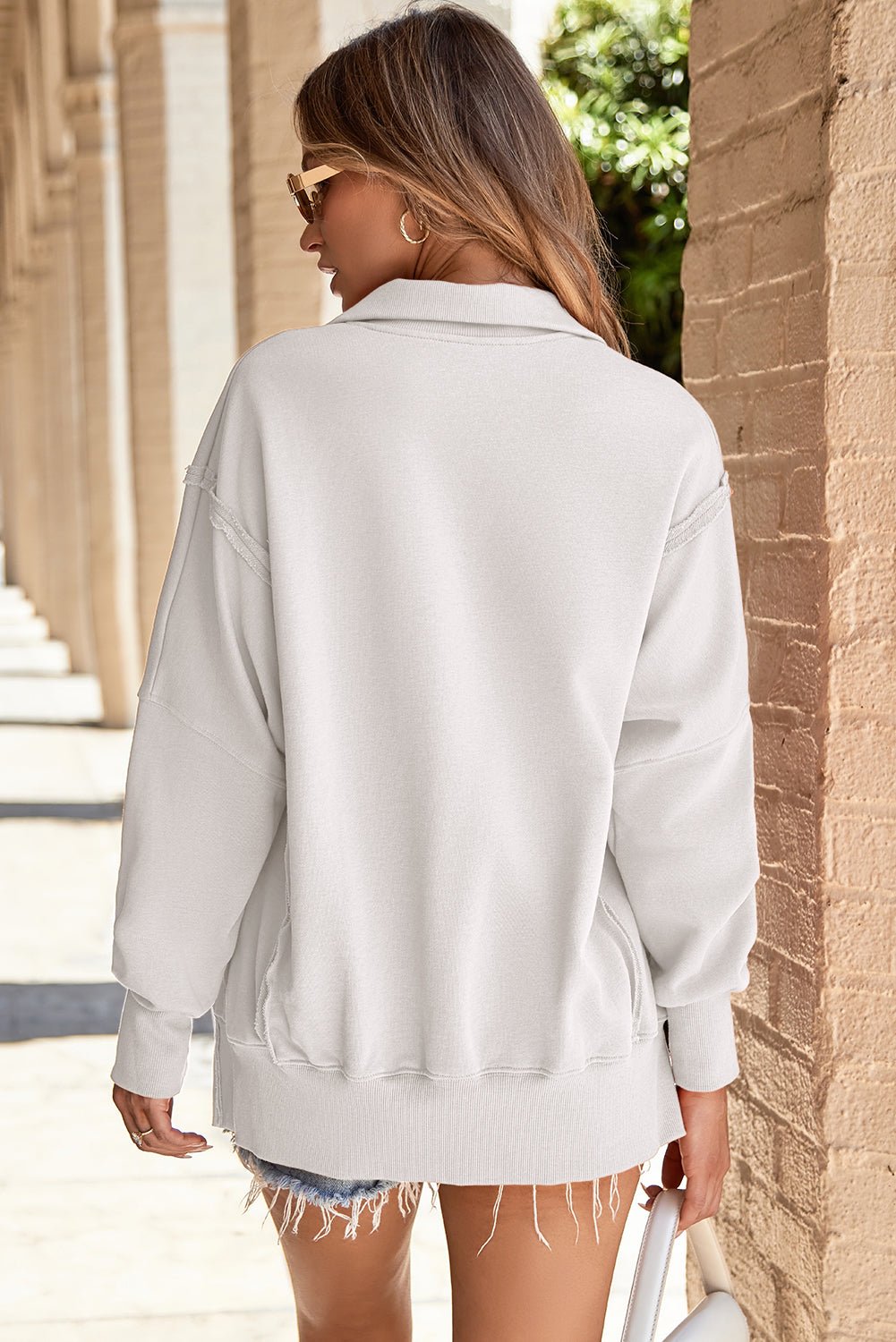 White Buttoned Collared Raw Detail High Low Baggy Sweatshirt with Slits - Goddess Vibes