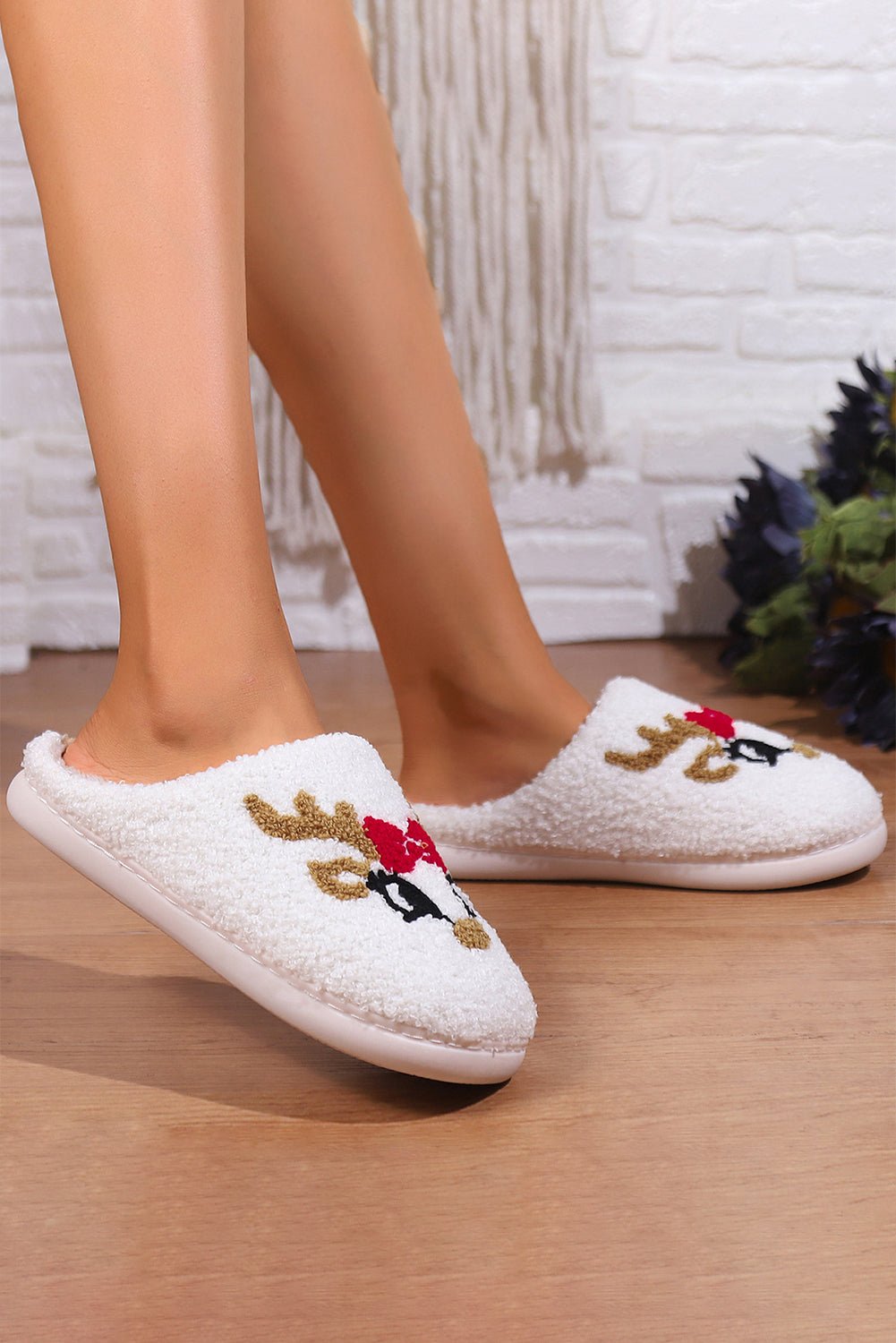 White Christmas Cartoon Pattern Plush Slippers - Goddess Vibes