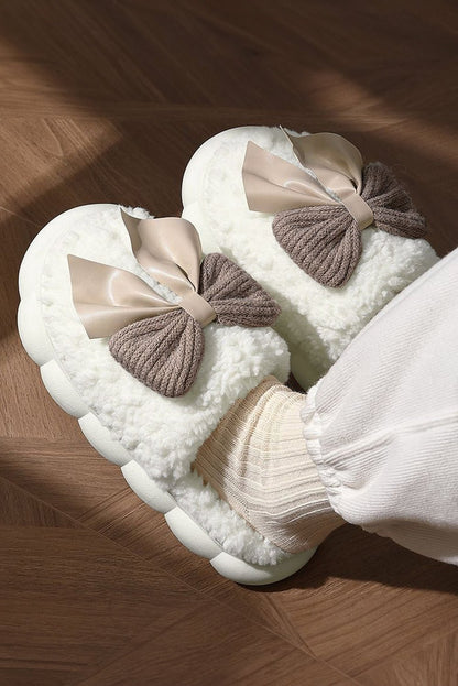 White Contrast Bowknot Applique Plush Winter Slippers (Bow Colors May Differ by Batch) - Goddess Vibes