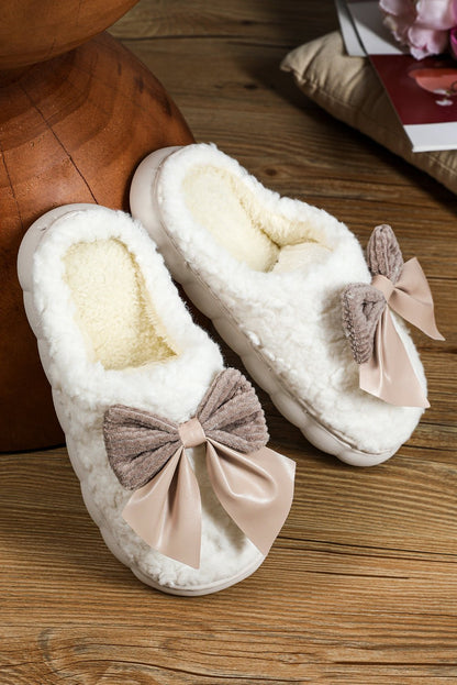 White Contrast Bowknot Applique Plush Winter Slippers (Bow Colors May Differ by Batch) - Goddess Vibes