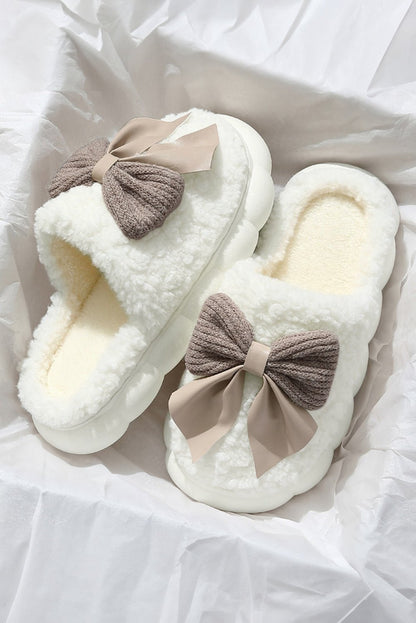 White Contrast Bowknot Applique Plush Winter Slippers (Bow Colors May Differ by Batch) - Goddess Vibes
