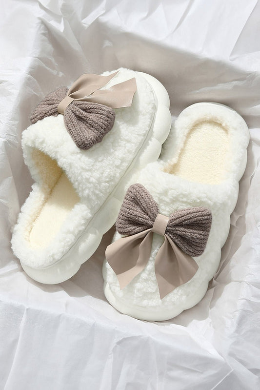 White Contrast Bowknot Applique Plush Winter Slippers (Bow Colors May Differ by Batch) - Goddess Vibes