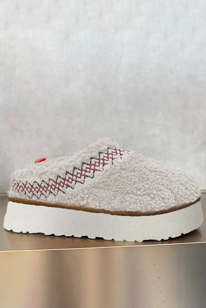 White Embroidered Sherpa Plush Thick Sole Winter Slippers - Goddess Vibes