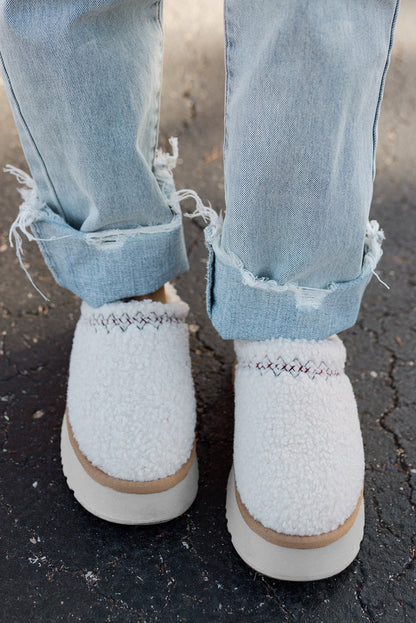 White Embroidered Sherpa Plush Thick Sole Winter Slippers - Goddess Vibes