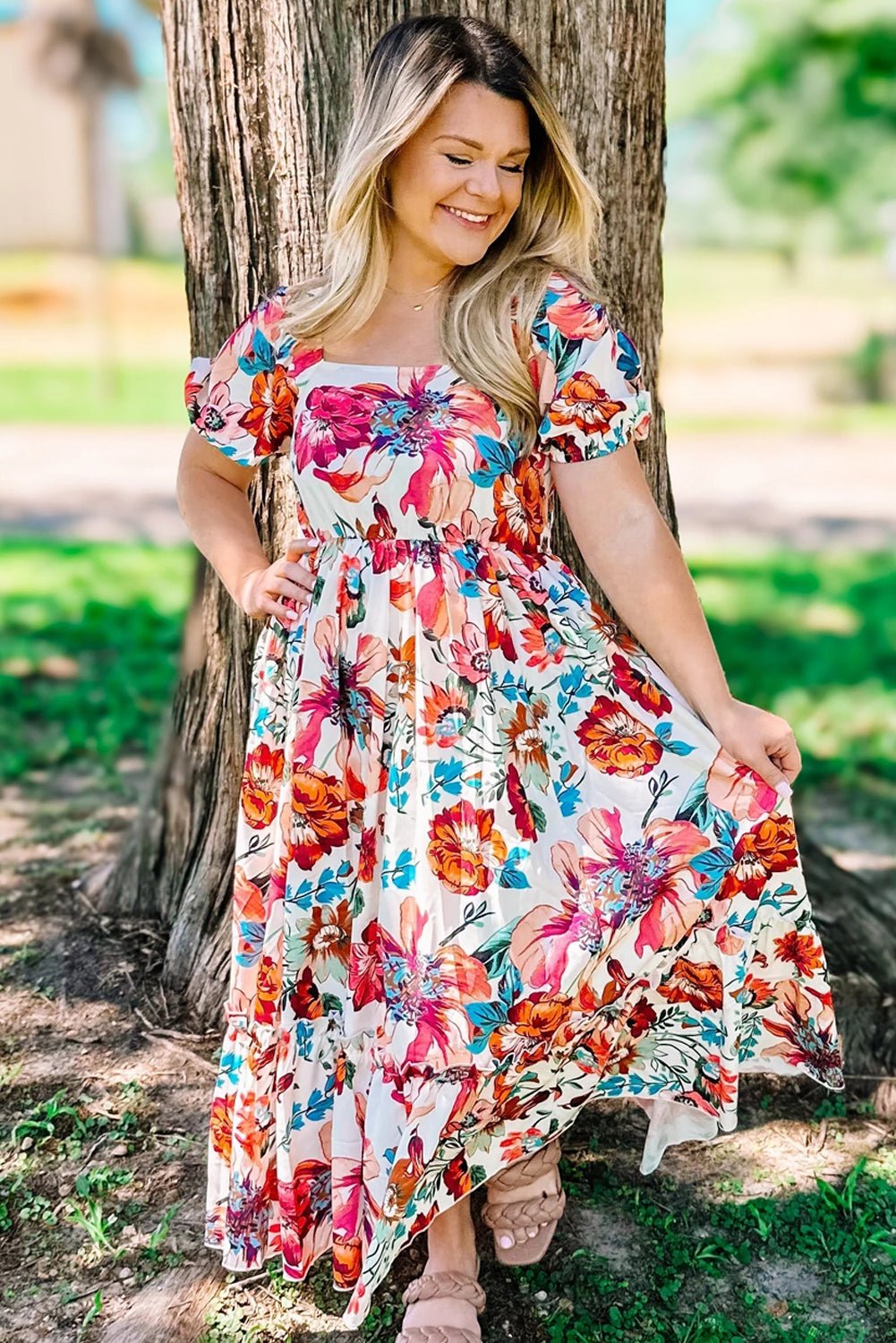 White Floral Square Neck Puff Sleeve Flowy Plus Size Midi Dress - Goddess Vibes