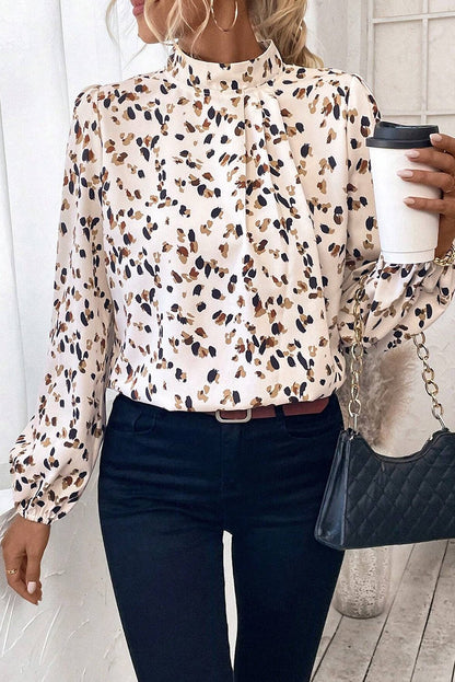 White Leopard Print Lantern Sleeve Mock Neck Pleated Blouse - Goddess Vibes