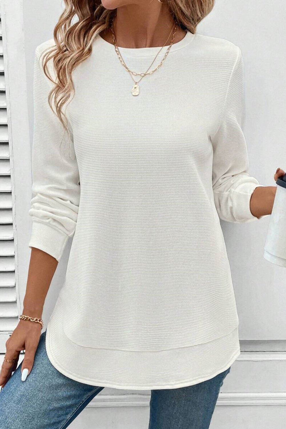 White Rounded Hem Waffle Long Sleeve Top - Goddess Vibes