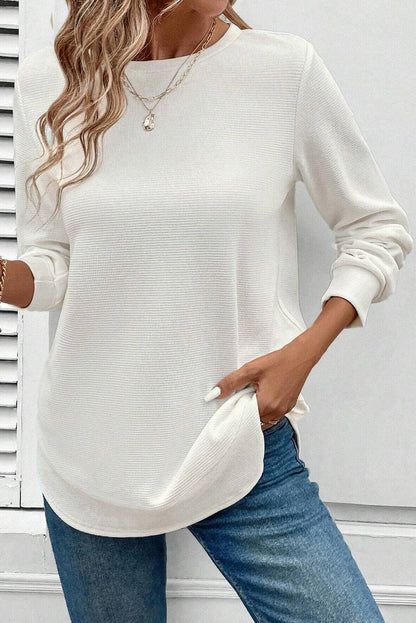 White Rounded Hem Waffle Long Sleeve Top - Goddess Vibes