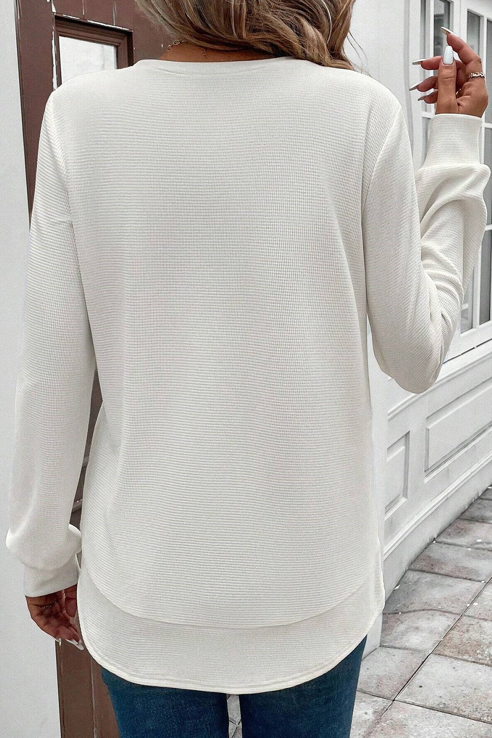 White Rounded Hem Waffle Long Sleeve Top - Goddess Vibes