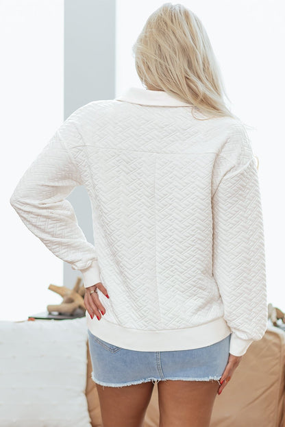 White Textured Pocketed Collared V Neck Pullover Sweatshirt - Goddess Vibes