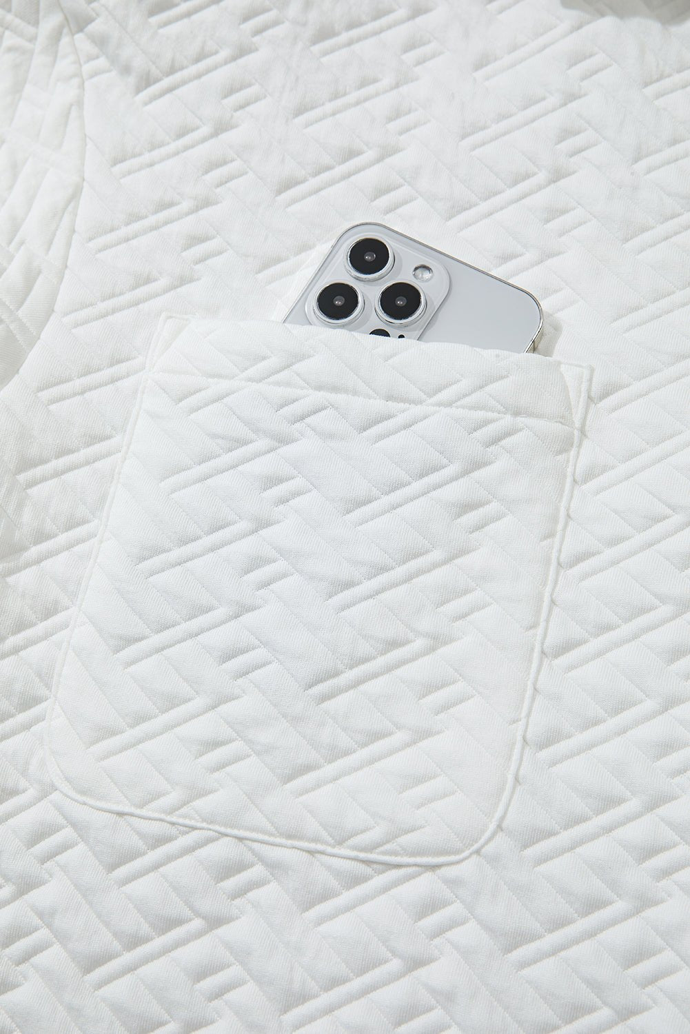 White Textured Pocketed Collared V Neck Pullover Sweatshirt - Goddess Vibes