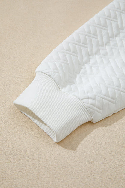 White Textured Pocketed Collared V Neck Pullover Sweatshirt - Goddess Vibes