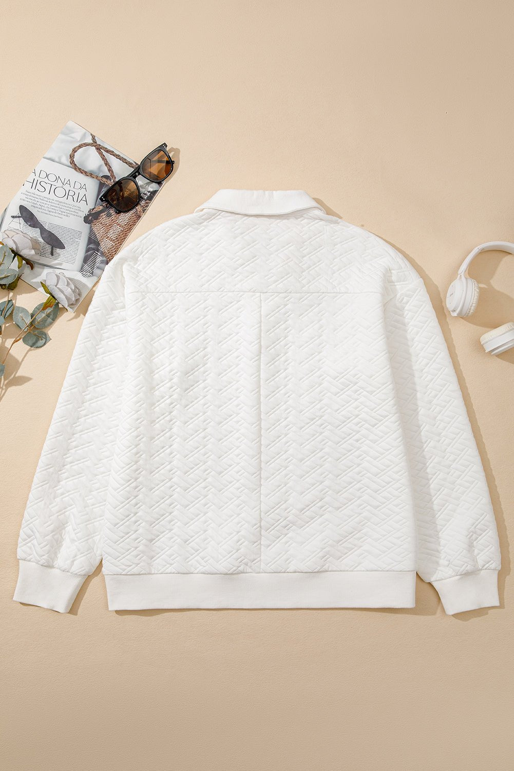 White Textured Pocketed Collared V Neck Pullover Sweatshirt - Goddess Vibes