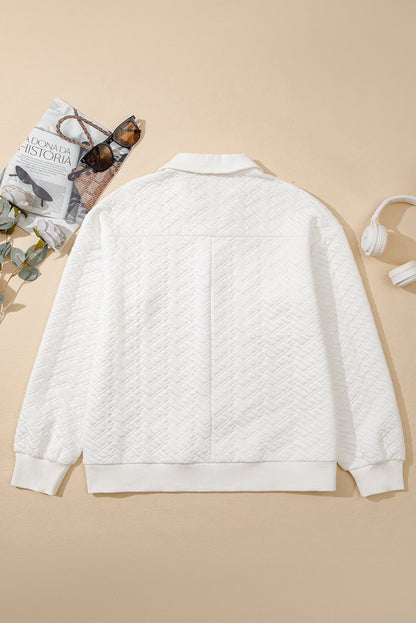 White Textured Pocketed Collared V Neck Pullover Sweatshirt - Goddess Vibes