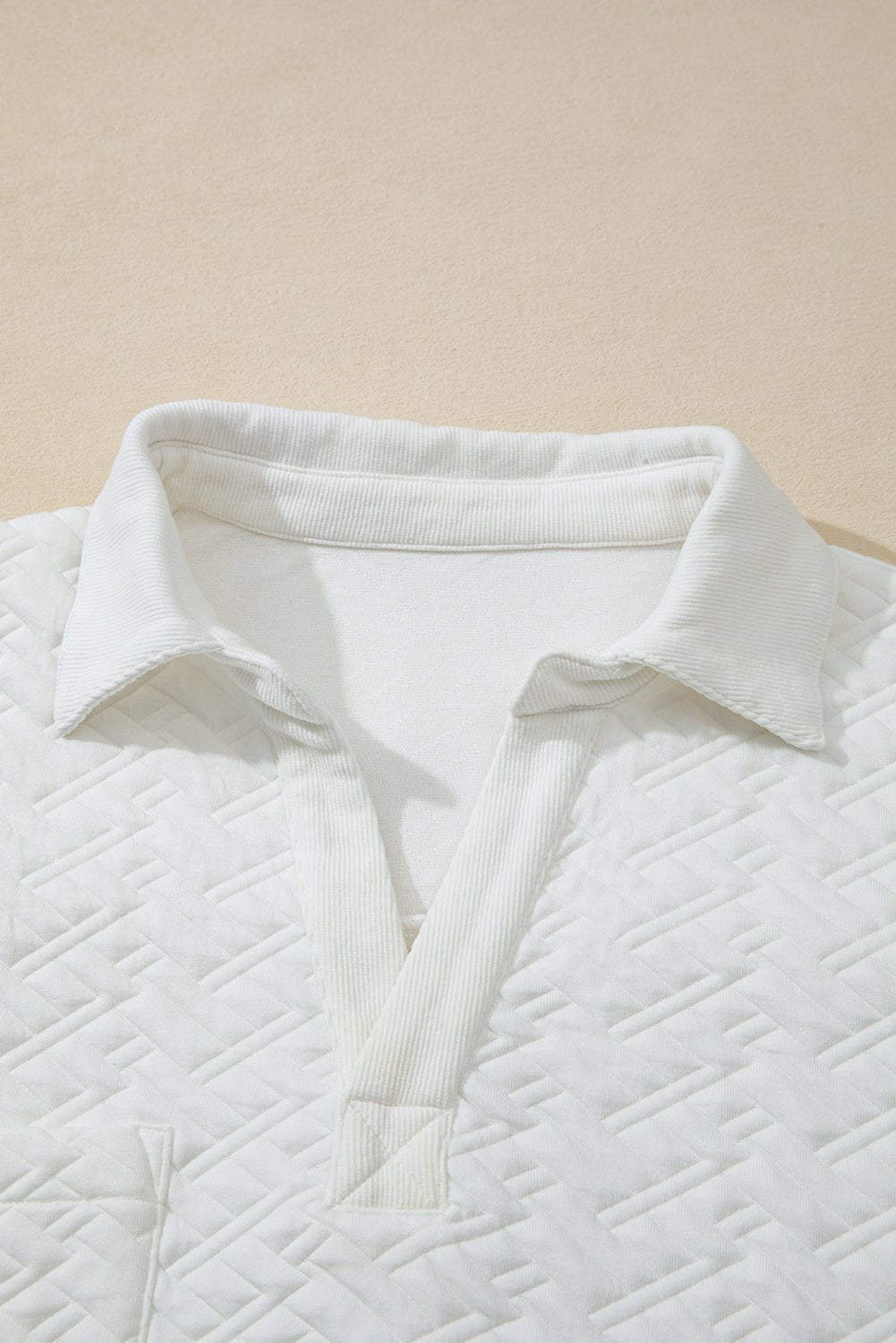 White Textured Pocketed Collared V Neck Pullover Sweatshirt - Goddess Vibes
