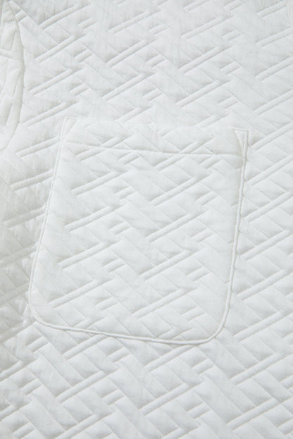 White Textured Pocketed Collared V Neck Pullover Sweatshirt - Goddess Vibes