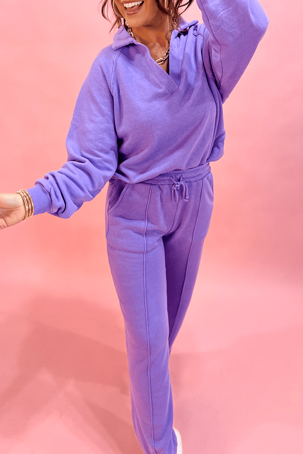 Wisteria Solid Color Collared Pullover and Central Seam Pants Set - Goddess Vibes