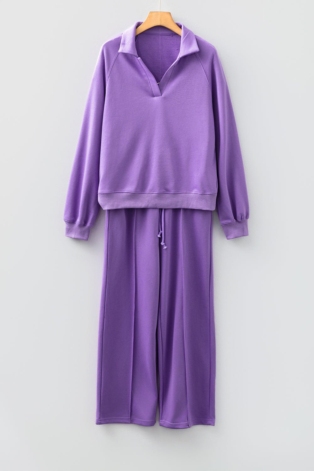 Wisteria Solid Color Collared Pullover and Central Seam Pants Set - Goddess Vibes