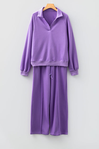 Wisteria Solid Color Collared Pullover and Central Seam Pants Set - Goddess Vibes