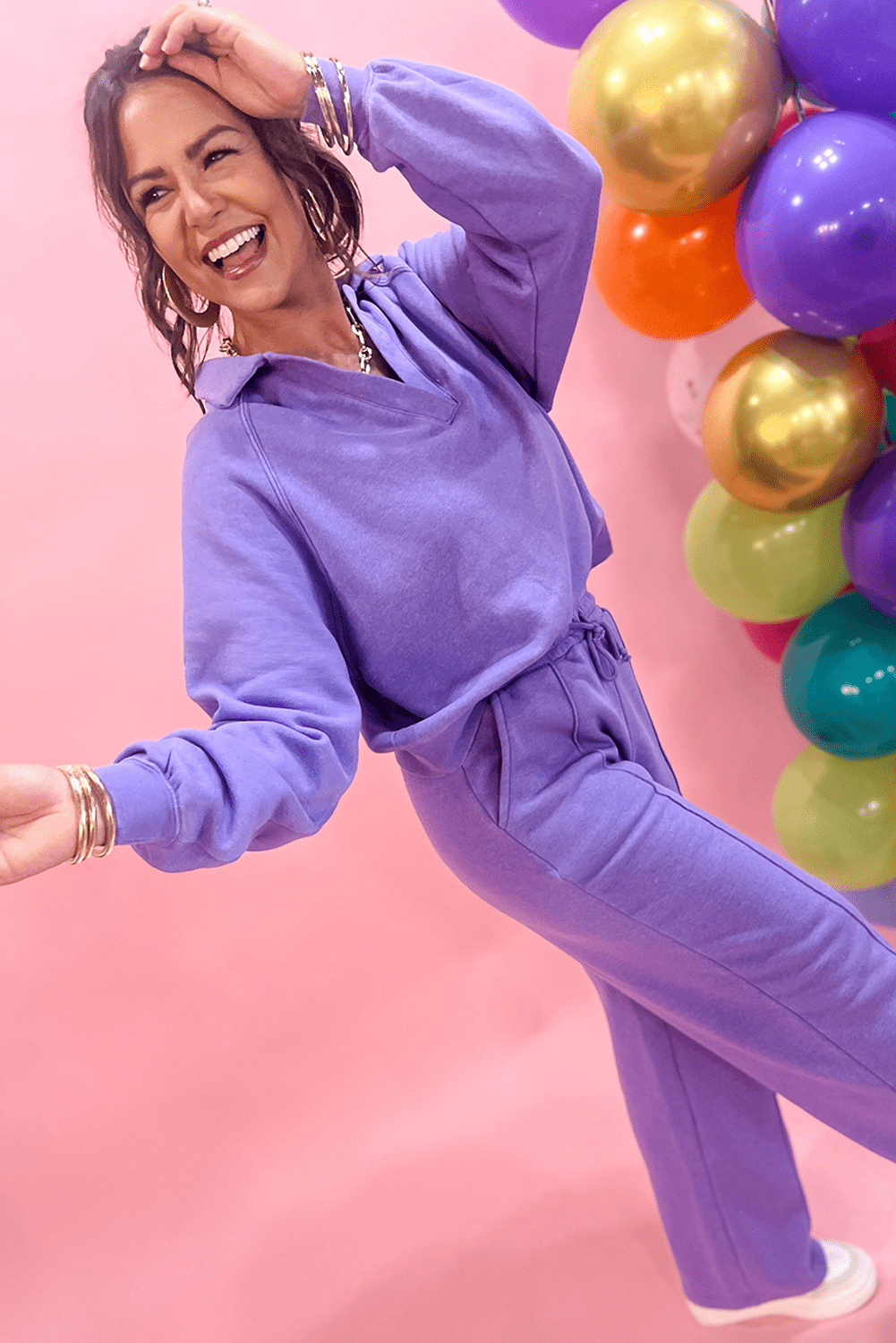 Wisteria Solid Color Collared Pullover and Central Seam Pants Set - Goddess Vibes