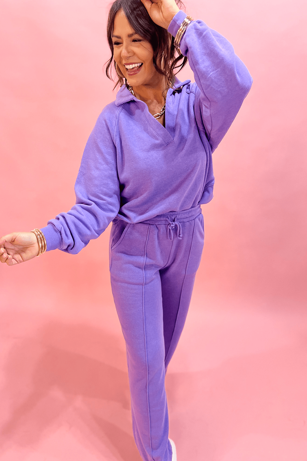 Wisteria Solid Color Collared Pullover and Central Seam Pants Set - Goddess Vibes