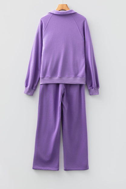 Wisteria Solid Color Collared Pullover and Central Seam Pants Set - Goddess Vibes
