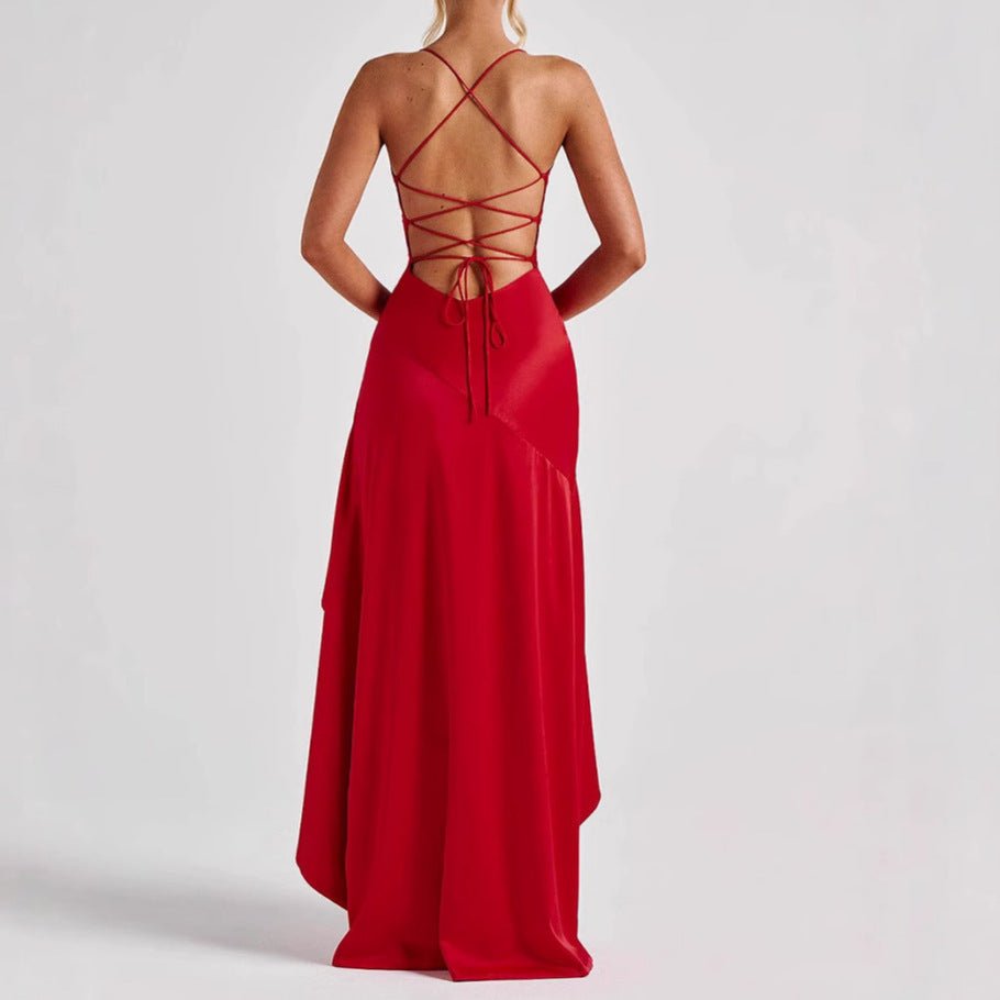 Women's Backless Ruffles Irregular Dress Summer Fashion Evening Party Club Split Suspender Maxi Dresses Clothing - Goddess Vibes