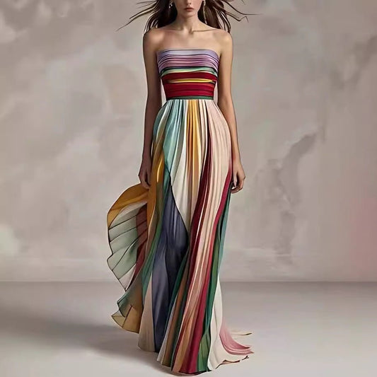 Women's Sexy Tube Top Backless Printed Color Swing Maxi Dress - Goddess Vibes