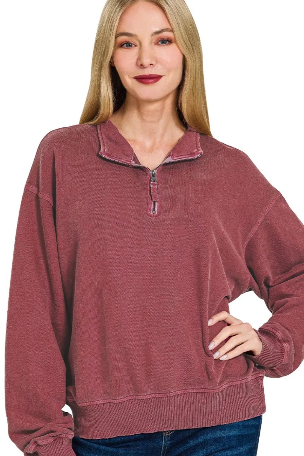 Zenana F/terry Pigment Dye & Enzyme Washing Half Zip Top - Goddess Vibes