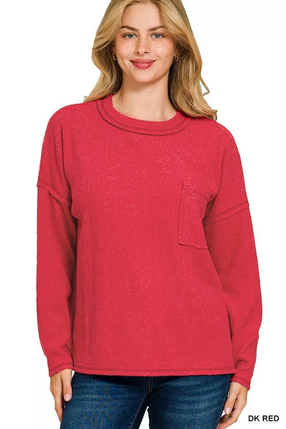 Zenana Ribbed Brushed Melange Hacci Sweater with Chest Pocket - Goddess Vibes